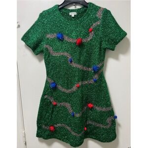 Love & Let Love Green Tinsel Christmas Tree Mini Dress Pom Poms Small Holiday